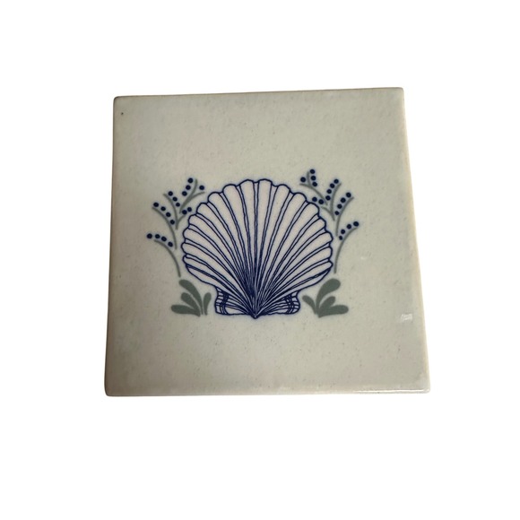 Other - Vintage 6x6 Ceramic Decorative Trivet Tile Blue Seashell Coastal Glazed Cream